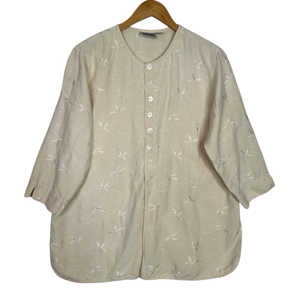 Chico's Design 100% Silk Embroidered Tunic Blouse Womens 2 Large Ivory Button Up